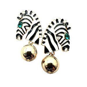 Womens Earrings Pierced Zebra Black White Enamel Green Rhinestone